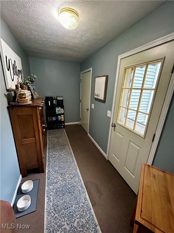 645 Arends Ridge Rd, Marietta, OH 45750 - entryway featuring a textured ceiling, baseboards, and dark carpet