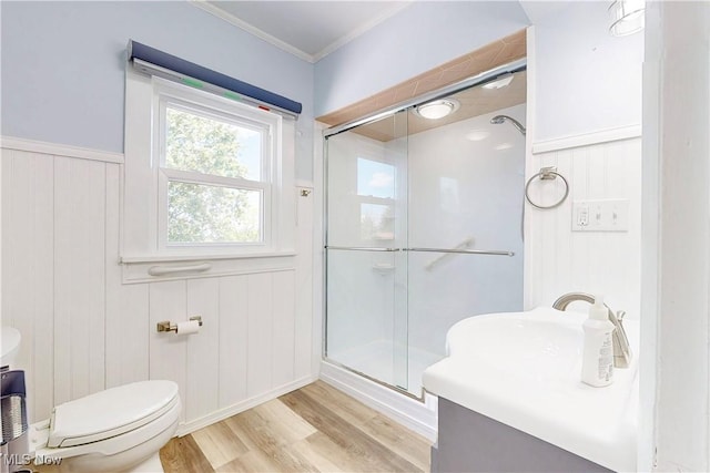 226 Cunningham Ln, Steubenville, OH 43952 - full bathroom with a stall shower, vanity, wood finished floors, toilet, and crown molding