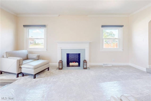 226 Cunningham Ln, Steubenville, OH 43952 - carpeted living room featuring crown molding, healthy amount of natural light, a fireplace with flush hearth, and baseboards