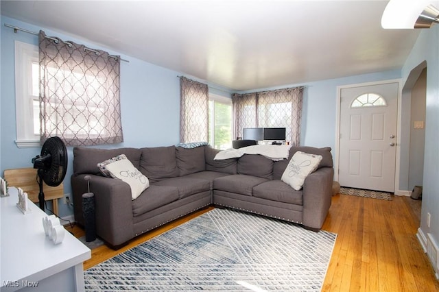2464 Lyon Blvd, Poland, OH 44514 - living area featuring light wood-type flooring, arched walkways, and baseboards