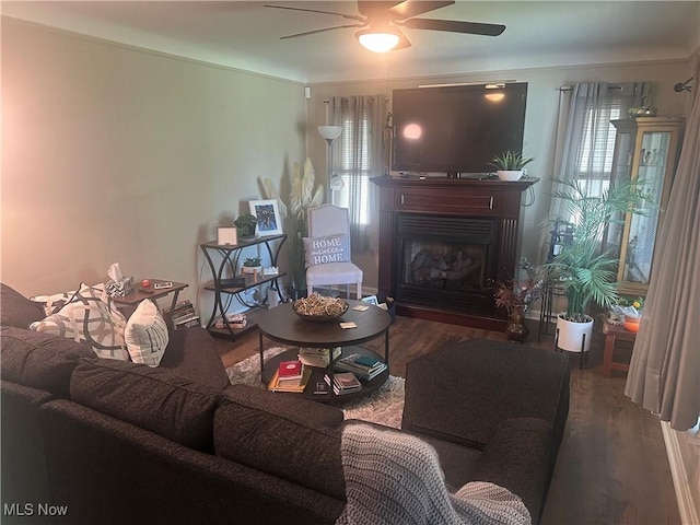 12704 Oak Park Blvd, Garfield Heights, OH 44125 - living room featuring a ceiling fan, wood finished floors, and a fireplace