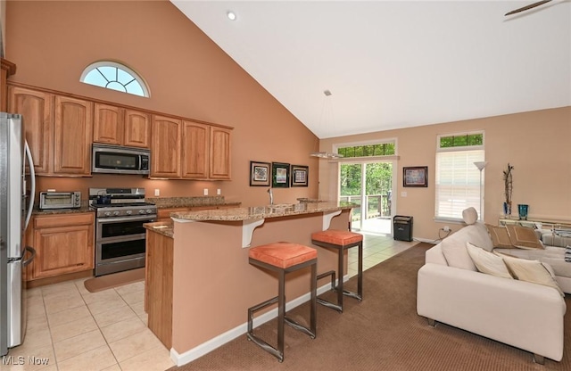 9339 Sasha Ct, Twinsburg, OH 44087 - kitchen with stainless steel appliances, high vaulted ceiling, a kitchen breakfast bar, open floor plan, and light stone countertops