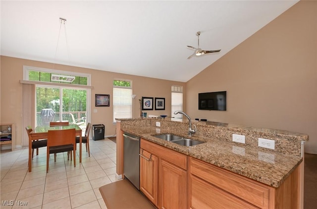 9339 Sasha Ct, Twinsburg, OH 44087 - kitchen with a sink, stainless steel dishwasher, ceiling fan, a center island with sink, and light tile patterned floors