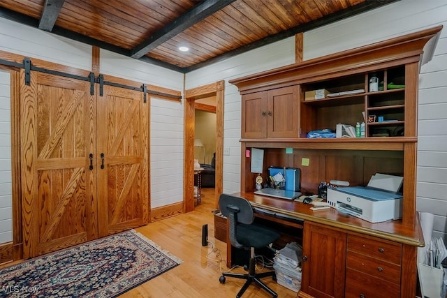 2953 State Route 225, Diamond, OH 44412 - office space with wooden ceiling with exposed beams, light wood finished floors, wooden walls, and a barn door