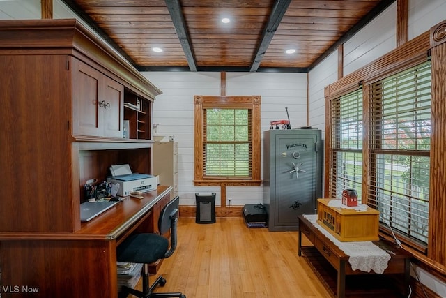 2953 State Route 225, Diamond, OH 44412 - office with wood ceiling with exposed beams, light wood-style floors, wood walls, and recessed lighting