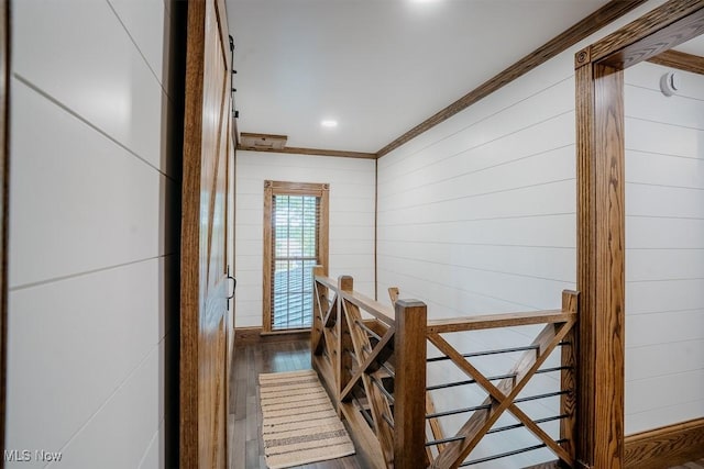 2953 State Route 225, Diamond, OH 44412 - hallway with ornamental molding, an upstairs landing, wood finished floors, wood walls, and recessed lighting