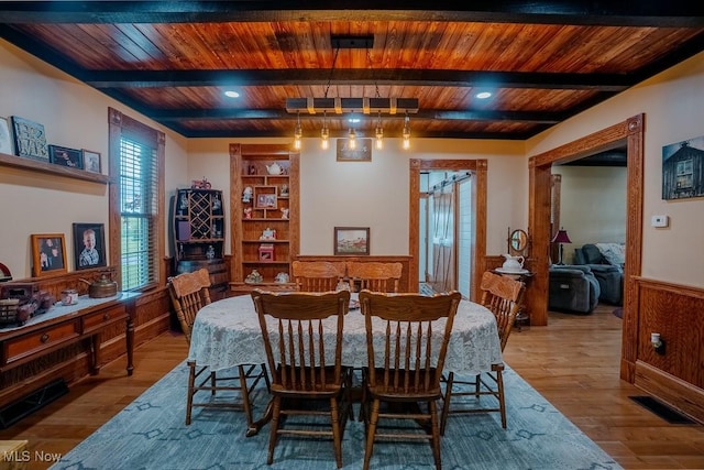 2953 State Route 225, Diamond, OH 44412 - dining room featuring wood ceiling with exposed beams, wainscoting, and wood finished floors