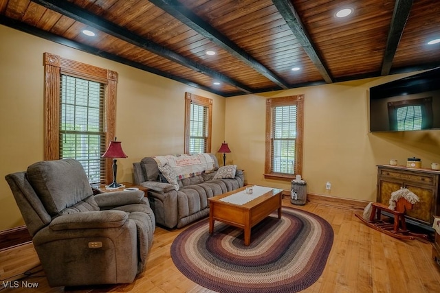 2953 State Route 225, Diamond, OH 44412 - living room with wooden ceiling with exposed beams, hardwood / wood-style floors, baseboards, and recessed lighting