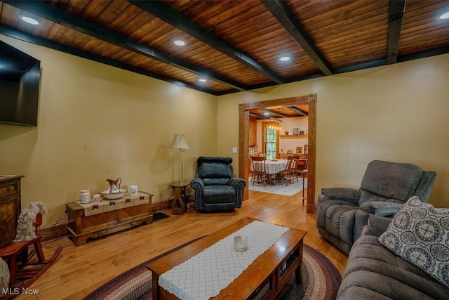 2953 State Route 225, Diamond, OH 44412 - living room with wooden ceiling with exposed beams, wood finished floors, and baseboards