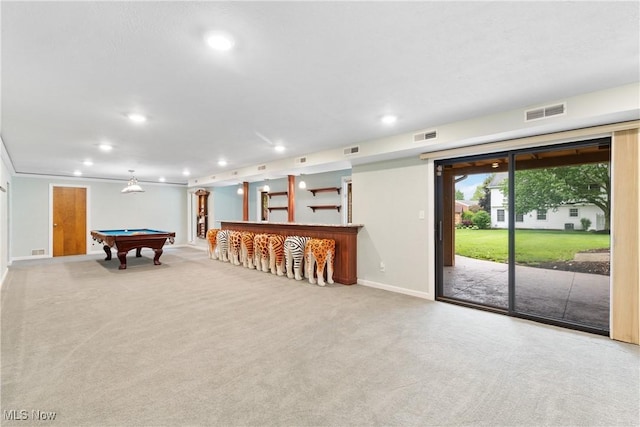 3751 Muirfield Dr, Uniontown, OH 44685 - playroom with recessed lighting, pool table, carpet, baseboards, and bar
