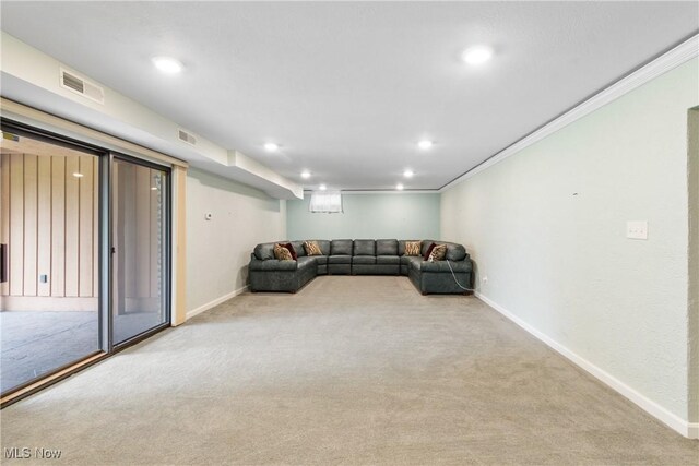 3751 Muirfield Dr, Uniontown, OH 44685 - living room with baseboards, carpet flooring, recessed lighting, and ornamental molding