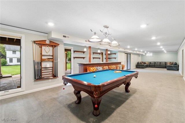 3751 Muirfield Dr, Uniontown, OH 44685 - recreation room featuring carpet flooring, baseboards, recessed lighting, billiards table, and crown molding