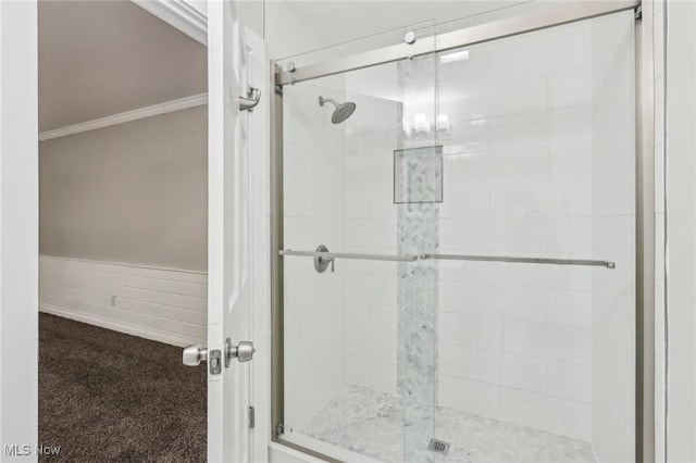 7558 E Parkside Dr, Boardman, OH 44512 - bathroom with a stall shower and crown molding