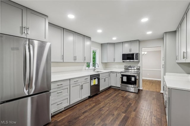 7558 E Parkside Dr, Boardman, OH 44512 - kitchen with appliances with stainless steel finishes, gray cabinetry, a sink, dark wood-style floors, and recessed lighting