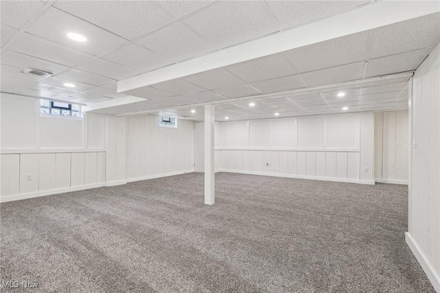 7558 E Parkside Dr, Boardman, OH 44512 - basement featuring carpet flooring, a paneled ceiling, recessed lighting, and a decorative wall