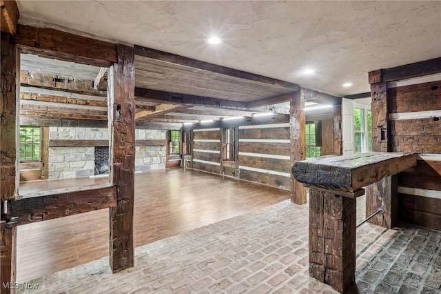 7558 E Parkside Dr, Boardman, OH 44512 - bar area featuring brick floors, recessed lighting, and wood walls