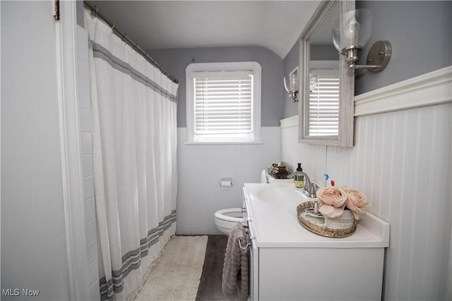 6892 Glenwood Ave, Youngstown, OH 44512 - full bathroom featuring vanity, toilet, a wainscoted wall, and a shower with shower curtain