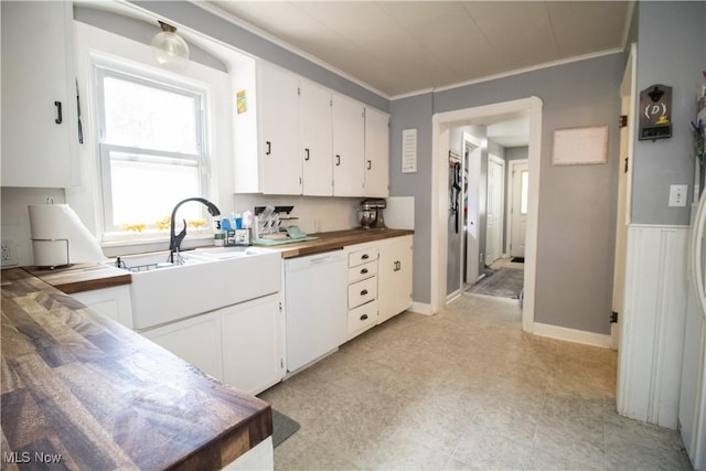 6892 Glenwood Ave, Youngstown, OH 44512 - kitchen with dishwasher, ornamental molding, white cabinetry, wood counters, and a sink