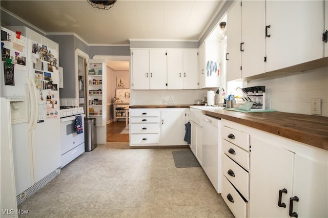 6892 Glenwood Ave, Youngstown, OH 44512 - kitchen featuring white appliances, wood counters, white cabinetry, crown molding, and a sink