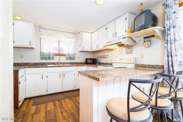 106 High St, Bloomingdale, OH 43910 - kitchen featuring under cabinet range hood, a sink, white range with electric cooktop, white cabinetry, and a peninsula