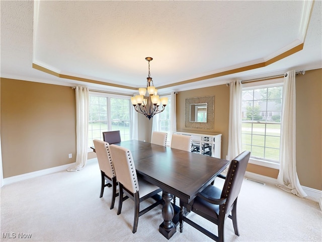 8836 Shetland Ct, Kirtland, OH 44094 - dining room featuring a raised ceiling, a chandelier, crown molding, baseboards, and healthy amount of natural light