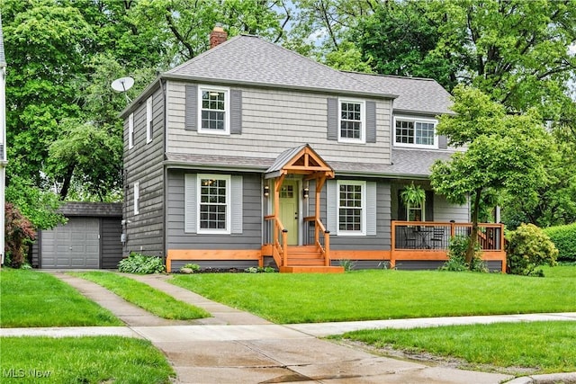 4493 Golfway Rd, South Euclid, OH 44121 - view of front of house featuring a shingled roof, a chimney, a front lawn, and a garage