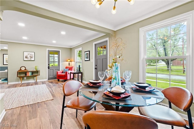4493 Golfway Rd, South Euclid, OH 44121 - dining room featuring wood finished floors, recessed lighting, a chandelier, and baseboards