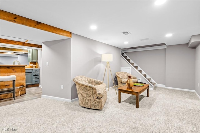 4493 Golfway Rd, South Euclid, OH 44121 - sitting room with baseboards, light colored carpet, stairs, and recessed lighting