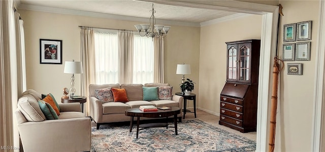 131 N Walnut St, Ravenna, OH 44266 - carpeted living room with a chandelier, ornamental molding, and baseboards