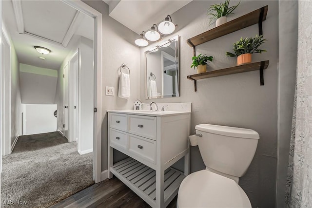 21517 Nottingham Dr, Fairview Park, OH 44126 - bathroom with toilet, vanity, wood finished floors, and baseboards