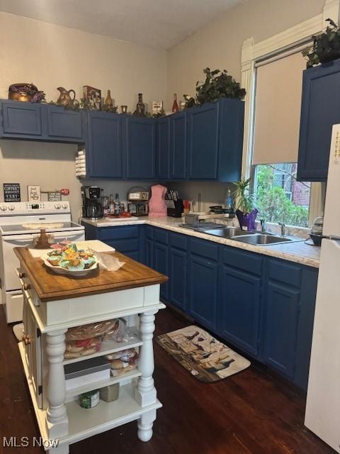 419 Commerce St, Wellsburg, WV 26070 - kitchen with blue cabinetry, white appliances, and dark wood finished floors