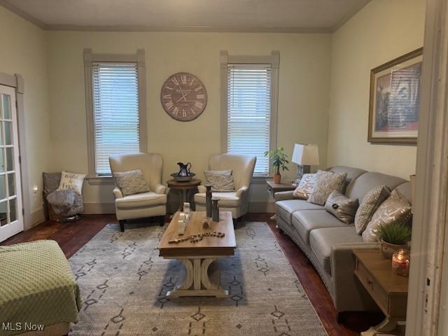 419 Commerce St, Wellsburg, WV 26070 - living room featuring wood finished floors, healthy amount of natural light, crown molding, and baseboards
