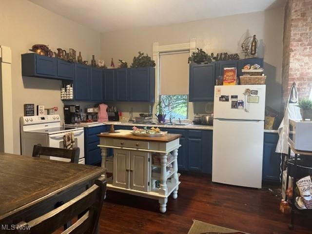 419 Commerce St, Wellsburg, WV 26070 - kitchen with white appliances, blue cabinetry, dark wood-style flooring, and a kitchen island