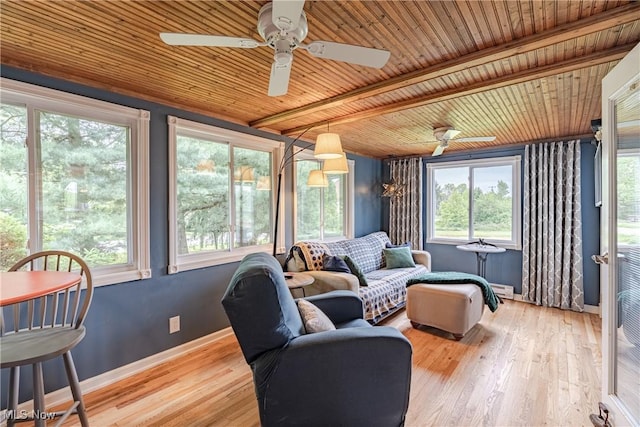 7170 Lafayette Rd, Medina, OH 44256 - sunroom / solarium with a ceiling fan, wooden ceiling with exposed beams, wood finished floors, and baseboards