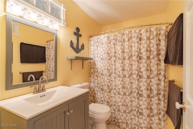 7170 Lafayette Rd, Medina, OH 44256 - bathroom with toilet, vanity, a textured ceiling, and a shower with shower curtain