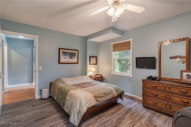 7170 Lafayette Rd, Medina, OH 44256 - bedroom featuring wood finished floors, baseboards, a textured ceiling, and ceiling fan
