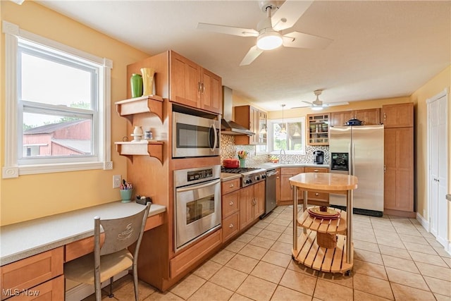 7170 Lafayette Rd, Medina, OH 44256 - kitchen featuring appliances with stainless steel finishes, open shelves, backsplash, and a ceiling fan