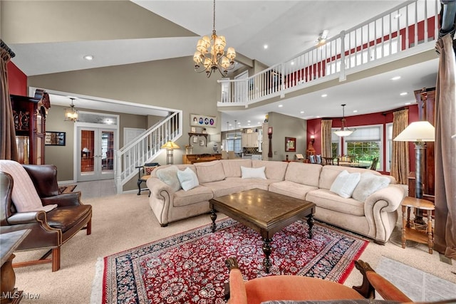 1955 Wendover Cir NE, North Canton, OH 44720 - carpeted living area with a chandelier, high vaulted ceiling, stairway, recessed lighting, and a ceiling fan