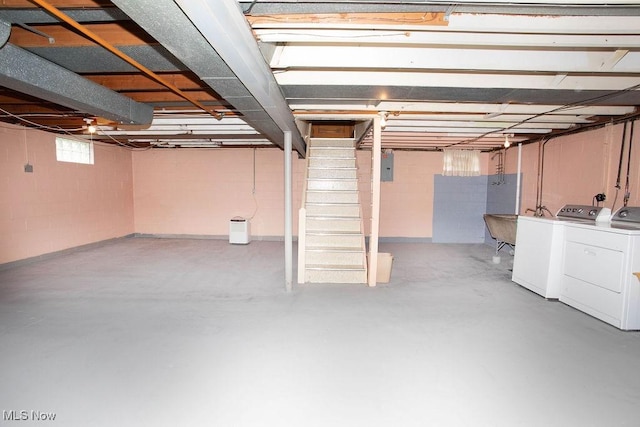 430 W Harvey St, Struthers, OH 44471 - below grade area with washing machine and clothes dryer, electric panel, and stairway