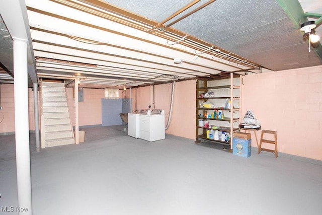 430 W Harvey St, Struthers, OH 44471 - unfinished basement featuring separate washer and dryer, stairway, and electric panel