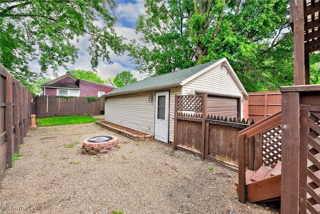 916 Kling St, Akron, OH 44311 - fenced backyard featuring a fire pit and an outdoor structure