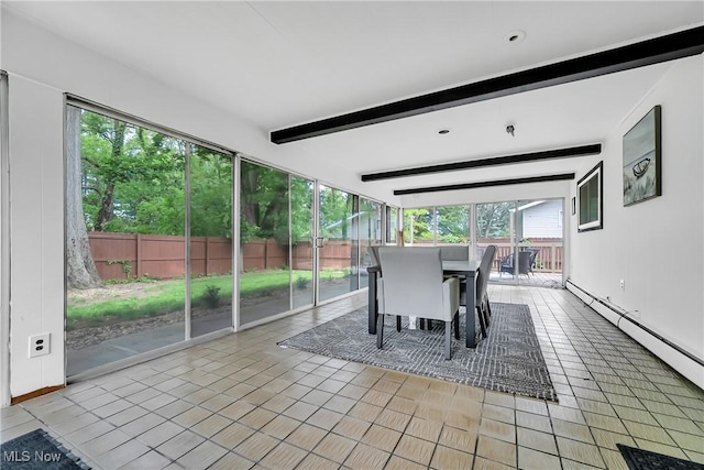 5512 Berkshire Dr, North Olmsted, OH 44070 - sunroom / solarium featuring beam ceiling, a baseboard heating unit, and outdoor dining area