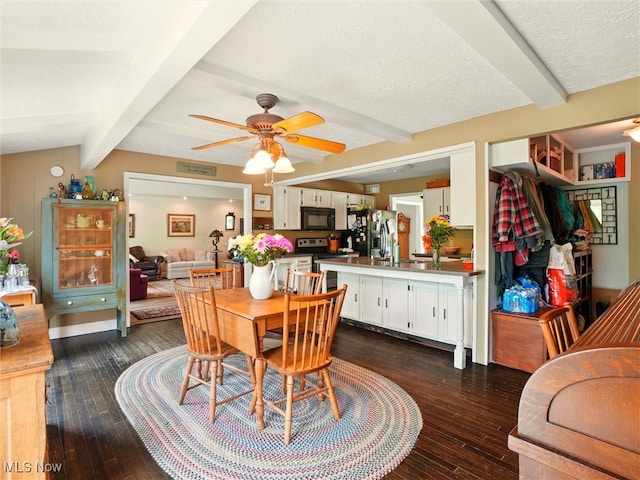 4300 Wade Ave, Ashtabula, OH 44004 - dining space featuring beamed ceiling, dark wood-style flooring, ceiling fan, and a textured ceiling