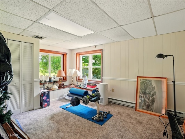 4300 Wade Ave, Ashtabula, OH 44004 - recreation room with a baseboard radiator, a drop ceiling, and carpet flooring