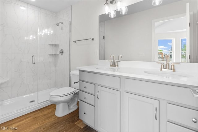360 Bascule Dr, Lorain, OH 44052 - bathroom featuring double vanity, a marble finish shower, and wood finished floors