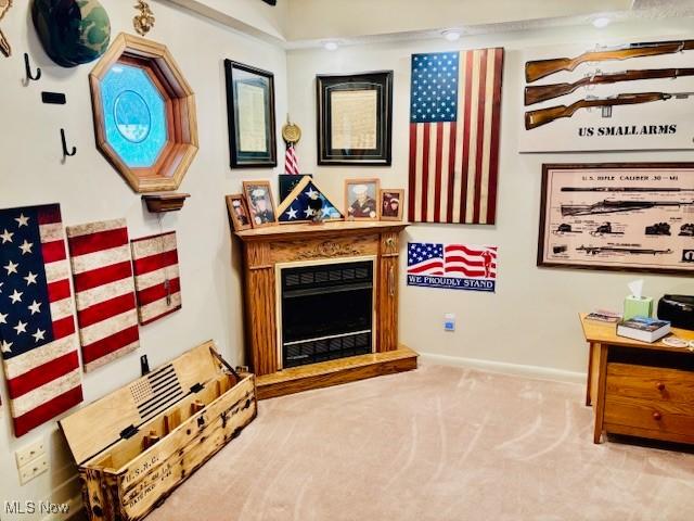 147 Northgate Dr NE, Warren, OH 44484 - living area with a fireplace with raised hearth, carpet floors, and baseboards