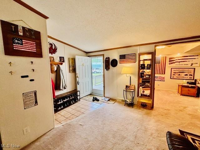 147 Northgate Dr NE, Warren, OH 44484 - foyer entrance with crown molding, carpet, a textured ceiling, and tile patterned floors