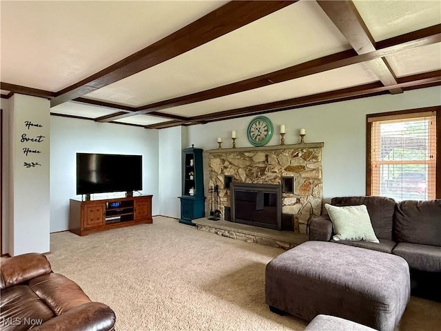 42096 Cadiz Dennison Rd, Cadiz, OH 43907 - carpeted living area with coffered ceiling, beam ceiling, and a stone fireplace
