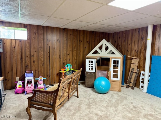 42096 Cadiz Dennison Rd, Cadiz, OH 43907 - recreation room with carpet flooring, a paneled ceiling, and wooden walls