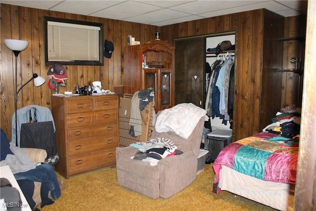 635 N Hametown Rd, Akron, OH 44333 - bedroom with carpet, wood walls, and a closet